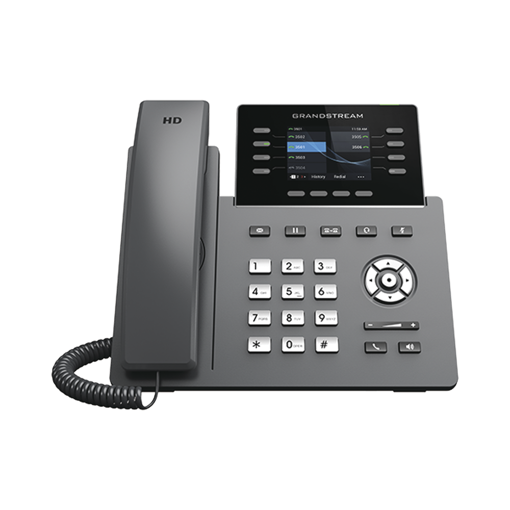 Modelo: GRP2624 Teléfono IP Wi-Fi, Grado Operador, 8 líneas SIP con 4 cuentas, pantalla a color 2.8″, puertos Gigabit, Bluetooth, PoE, codec Opus, IPV4/IPV6 con gestión en la nube GDMS