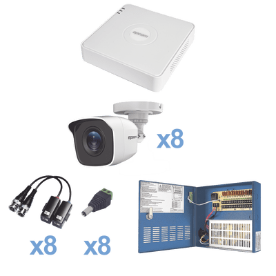 KIT TurboHD 720p / Incluye DVR 8 Ch / 8 Cámaras Balas (exterior 2.8 mm) / Conectores / Transceptores / Fuente de Poder Profesional hasta 15 Vcd para Larga Distancia