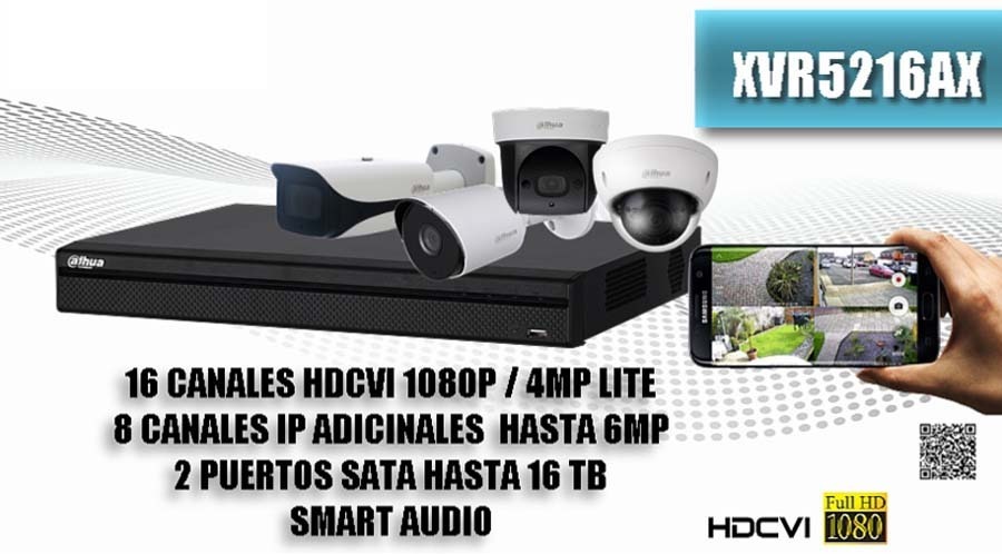 VIDEO GRABADOR (DVR) DAHUA HDCVI PENTAHIBRIDO DE 16 CANALES 1080P , 4MP LITE, 720P , H.265+ , 8 CANALES IP ADICIONALES , 4 ENTRADAS DE AUDIO , 1 SALIDA DE AUDIO RCA, 16 ENTRADAS DE ALARMA , 1 SALIDA DE ALARMA , RS485, SOPORTA 2 HDD DE HASTA 10TB , ONVIF.